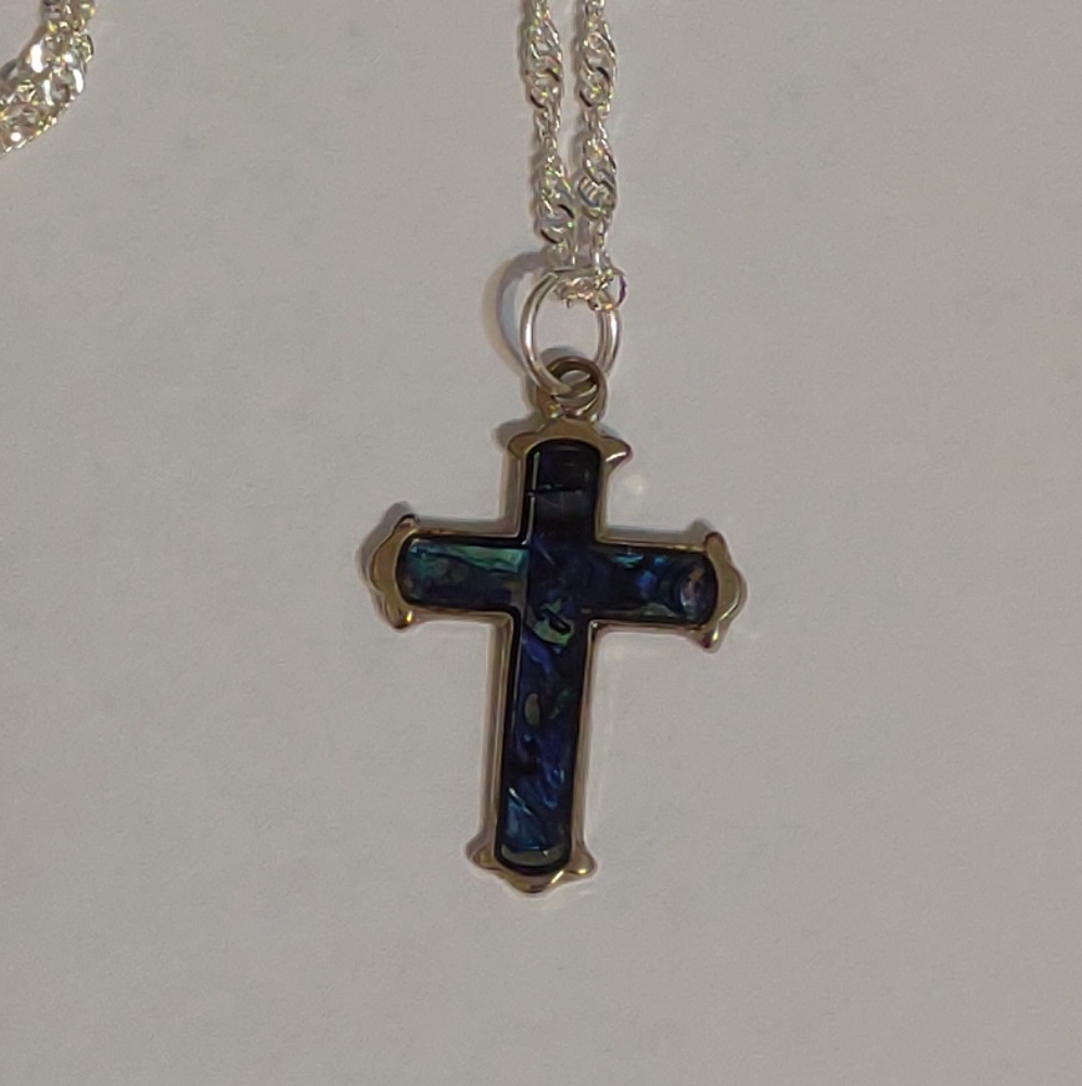 🌷5/$20 PAUA SHELL Cross Pendant Silvertone Chain Necklace 18"L &Lobster Closure